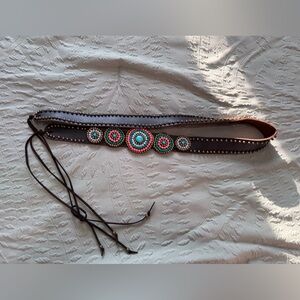 Brown Leather Beaded Waist Belt with Turquoise & Coral Medallions